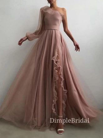 Long Sleeves A-line Tulle Long Evening Prom Dresses, Cheap Side Slit Prom Dresses, DM0098