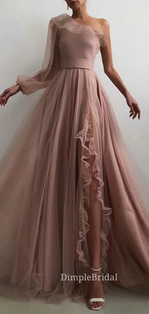 Long Sleeves A-line Tulle Long Evening Prom Dresses, Cheap Side Slit Prom Dresses, DM0098