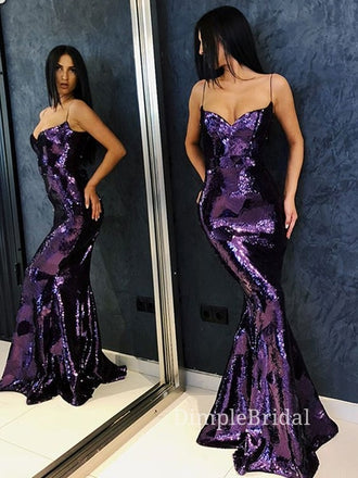 Gorgeous Purple Sequins Mermaid Long Evening Prom Dresses, Cheap Spaghetti Straps Prom Dresses, DM0104