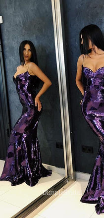 Gorgeous Purple Sequins Mermaid Long Evening Prom Dresses, Cheap Spaghetti Straps Prom Dresses, DM0104