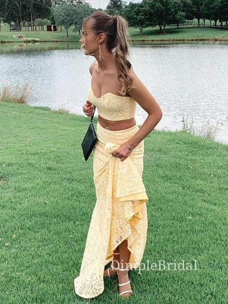 Two Pieses Yellow Lace Mermaid Long Evening Prom Dresses, Cheap Strapless Prom Dresses, DM0105