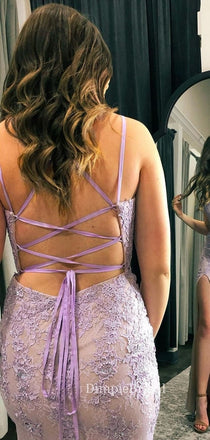 Lilac Tulle Appliques Mermaid Spaghetti Straps Long Evening Prom Dresses, Cheap Side Slit Prom Dresses, DM0106