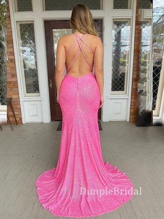 Floor-length Hot Pink Sequins Mermaid Long Evening Prom Dresses, Cheap V-neck Prom Dresses, DM0107