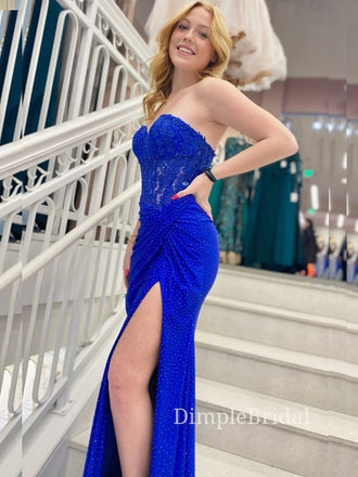 Royal Blue Sparkly Appliques Long Evening Prom Dresses, Cheap Sweetheart Prom Dresses, DM0109
