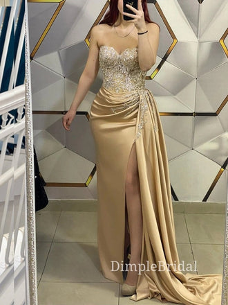 Gold Satin Beaded Mermaid Strapless Long Evening Prom Dresses, Cheap Sweetheart Prom Dresses, DM0110