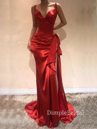 Unique Mermaid Red Satin Sweetheart Long Evening Prom Dresses, Cheap Side Slit Prom Dresses, DM0112