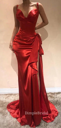 Unique Mermaid Red Satin Sweetheart Long Evening Prom Dresses, Cheap Side Slit Prom Dresses, DM0112