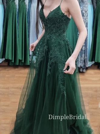 A-line Dark Green Tulle Appliques V-neck Long Evening Prom Dresses, Cheap Prom Dresses, DM0114