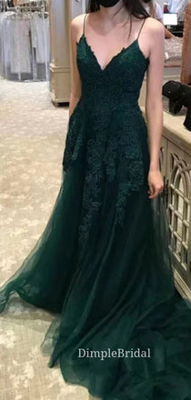 A-line Dark Green Tulle Appliques V-neck Long Evening Prom Dresses, Cheap Prom Dresses, DM0114