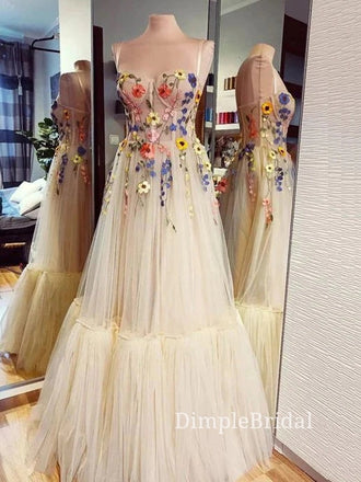 Sweetheart Tulle A-line Appliques Long Evening Prom Dresses, Cheap Spaghetti Straps Prom Dresses, DM0115