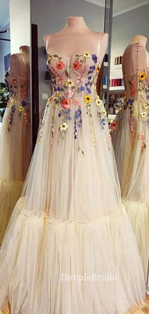 Sweetheart Tulle A-line Appliques Long Evening Prom Dresses, Cheap Spaghetti Straps Prom Dresses, DM0115