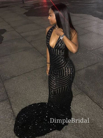 Deep V-neck Black Sequins Long Evening Prom Dresses, Cheap Mermaid Prom Dresses, DM0117