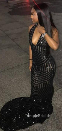 Deep V-neck Black Sequins Long Evening Prom Dresses, Cheap Mermaid Prom Dresses, DM0117