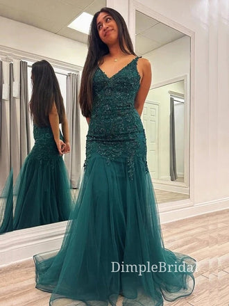 Mermaid V-neck Tulle Appliques V-neck Long Evening Prom Dresses, Custom Prom Dresses, DM0118