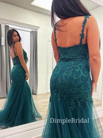 Mermaid V-neck Tulle Appliques V-neck Long Evening Prom Dresses, Custom Prom Dresses, DM0118