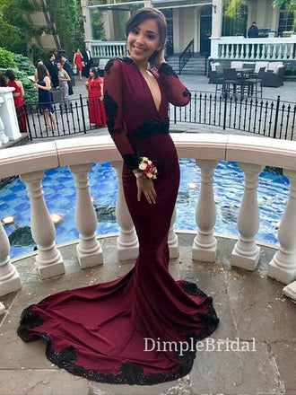 Long Sleeves Mermaid V-neck Appliques Long Evening Prom Dresses, Custom Prom Dresses, DM0119