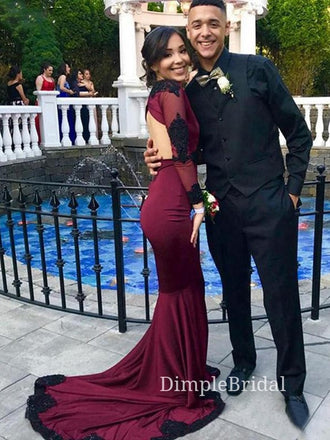 Long Sleeves Mermaid V-neck Appliques Long Evening Prom Dresses, Custom Prom Dresses, DM0119