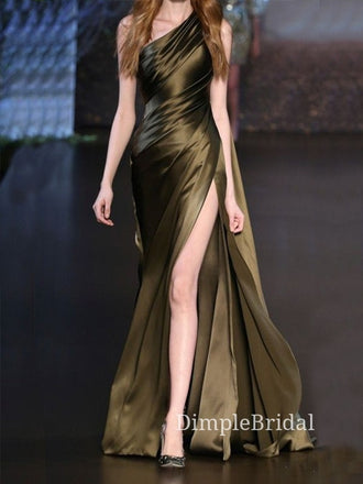 One Shoulder High Slit Clover Satin Long Evening Prom Dresses, Cheap Prom Dresses, DM0120