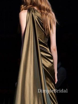 One Shoulder High Slit Clover Satin Long Evening Prom Dresses, Cheap Prom Dresses, DM0120