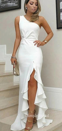 One Shoulder Mermaid White Long Evening Prom Dresses, Side Slit Custom Prom Dresses, DM0123