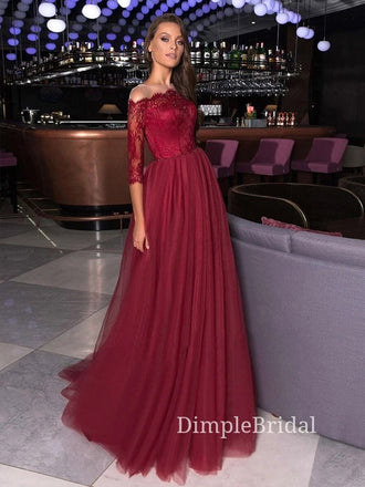 Burgundy tulle A-line Long Sleeves Long Evening Prom Dresses, Off Shoulder Custom Prom Dresses, DM0124