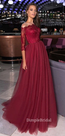 Burgundy tulle A-line Long Sleeves Long Evening Prom Dresses, Off Shoulder Custom Prom Dresses, DM0124