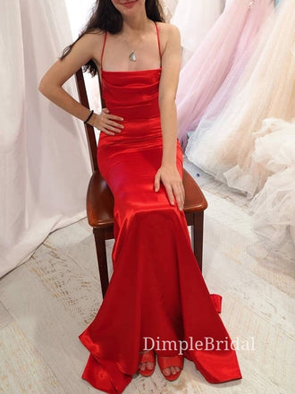 Red Satin Spaghetti Straps Long Evening Prom Dresses, Cowl-neck Custom Prom Dresses, DM0126