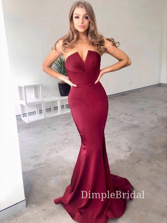 Burgundy Satin Mermaid Strapless Long Evening Prom Dresses, DM0127