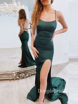 Dark Green Satin Spaghetti Straps Long Evening Prom Dresses, Side Slit Custom Prom Dresses, DM0129