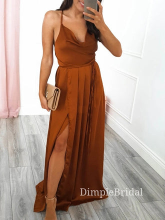 Burnt Orange Satin Spaghetti Straps Long Evening Prom Dresses, A-line Side Slit Custom Prom Dresses, DM0130