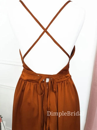 Burnt Orange Satin Spaghetti Straps Long Evening Prom Dresses, A-line Side Slit Custom Prom Dresses, DM0130