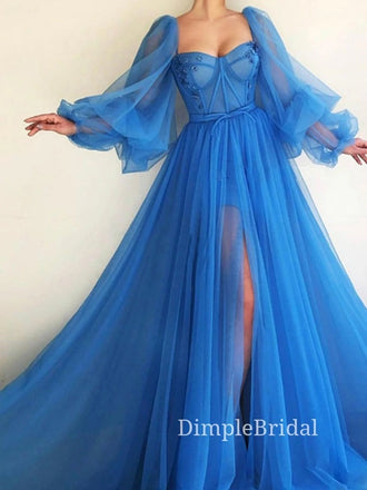 Blue tulle A-line Long Sleeves Long Evening Prom Dresses, Sweetheart Side Slit Custom Prom Dresses, DM0131