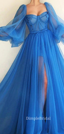 Blue tulle A-line Long Sleeves Long Evening Prom Dresses, Sweetheart Side Slit Custom Prom Dresses, DM0131