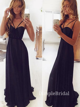 A-line Black Chiffon Sweetheart Long Evening Prom Dresses, Spaghetti Straps Custom Prom Dresses, DM0132