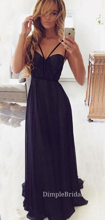 A-line Black Chiffon Sweetheart Long Evening Prom Dresses, Spaghetti Straps Custom Prom Dresses, DM0132