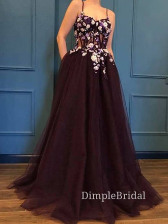 A-line Tulle Appliques Long Evening Prom Dresses, Spaghetti Straps Custom Prom Dresses, DM0136