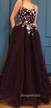 A-line Tulle Appliques Long Evening Prom Dresses, Spaghetti Straps Custom Prom Dresses, DM0136