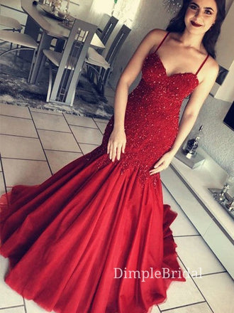 Spaghetti Straps Mermaid Red Appliques Long Evening Prom Dresses, Sweetheart Custom Prom Dresses, DM0137