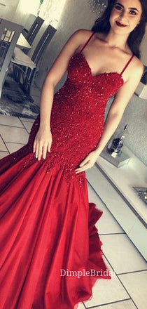Spaghetti Straps Mermaid Red Appliques Long Evening Prom Dresses, Sweetheart Custom Prom Dresses, DM0137