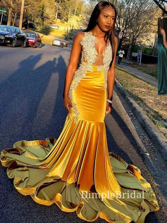 Elegant Gold Velvet Appliques Mermaid V-neck Long Evening Prom Dresses, DM0139