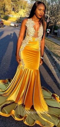 Elegant Gold Velvet Appliques Mermaid V-neck Long Evening Prom Dresses, DM0139