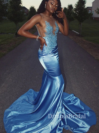 Dusty Blue Satin Appliques Mermaid Long Evening Prom Dresses, DM0140