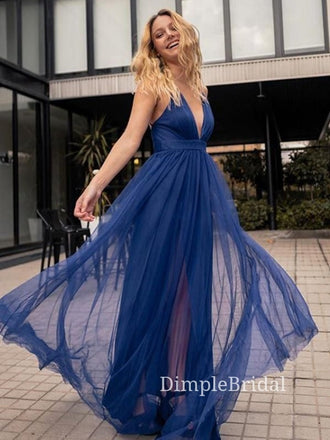 Deep V-neck A-line Navy Blue Tulle Long Evening Prom Dresses, DM0144