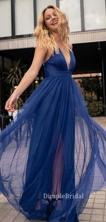Deep V-neck A-line Navy Blue Tulle Long Evening Prom Dresses, DM0144