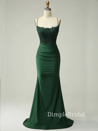Spaghetti Straps Emerald Green Appliques Mermaid Long Evening Prom Dresses, DM0146
