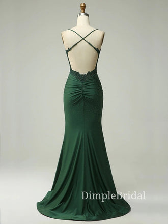 Spaghetti Straps Emerald Green Appliques Mermaid Long Evening Prom Dresses, DM0146