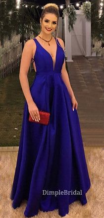 Royal Blue A-line Spaghetti Straps Long Evening Prom Dresses, Deep V-neck Prom Dress, DM0148