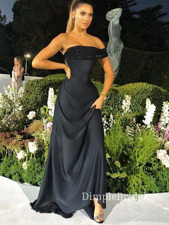 One Shoulder Black Satin Mermaid Formal Long Evening Prom Dresses, DM0156