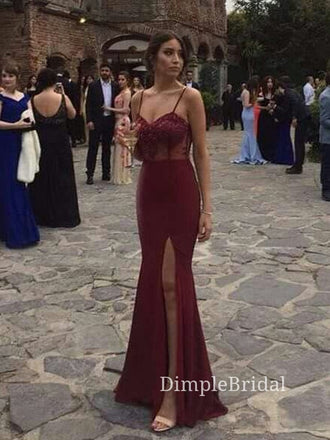Burgundy Spaghetti Straps Sweetheart Mermaid Side Slit Long Evening Prom Dresses, DM0157