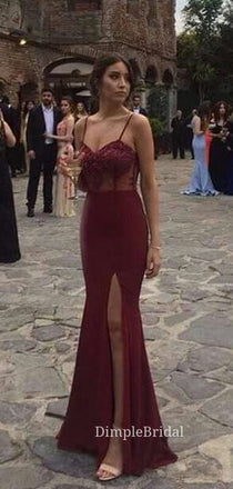 Burgundy Spaghetti Straps Sweetheart Mermaid Side Slit Long Evening Prom Dresses, DM0157